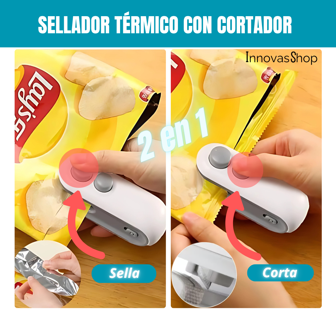 MINI SELLADOR DE BOLSAS 2 EN 1. Recargable, sella térmicamente y corta en segundos. Conserva tus alimentos por más tiempo!!!