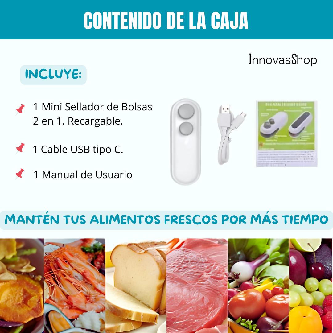 MINI SELLADOR DE BOLSAS 2 EN 1. Recargable, sella térmicamente y corta en segundos. Conserva tus alimentos por más tiempo!!!