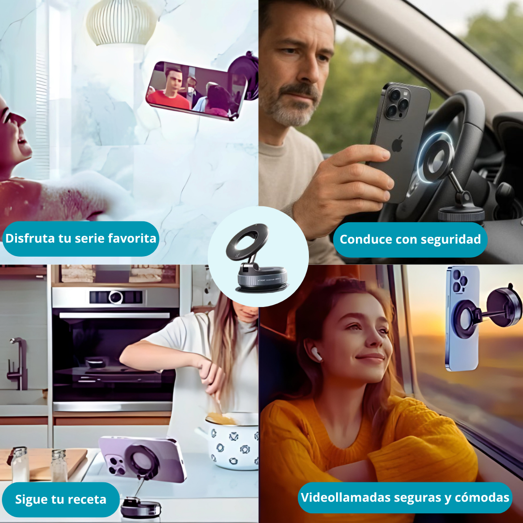 SOPORTE MAGNÉTICO 360° PARA MÓVIL. Succión ultrafuerte. Fijación firme y segura en segundos! Ideal para el coche, hogar y oficina!