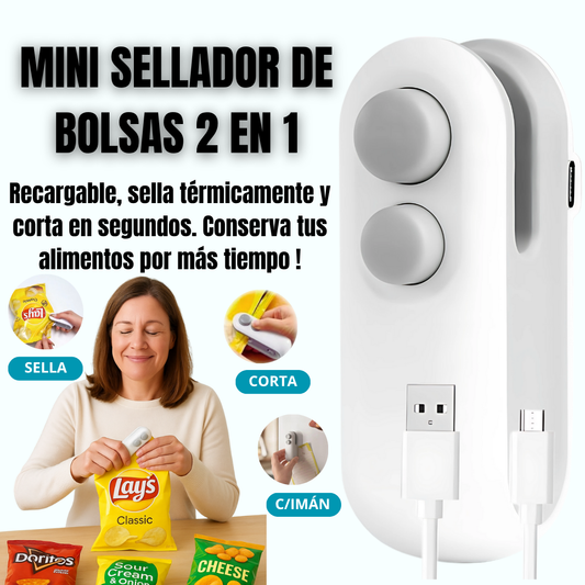 MINI SELLADOR DE BOLSAS 2 EN 1. Recargable, sella térmicamente y corta en segundos. Conserva tus alimentos por más tiempo!!!
