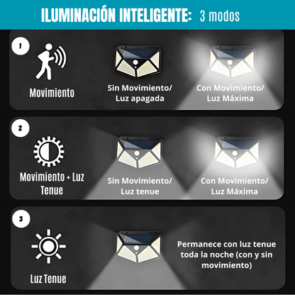 LUZ SOLAR EXTERIOR 100 LED. Iluminación inteligente de 3 modos. Resistente a todos los climas. Dale vida a tu exterior en 5 minutos!